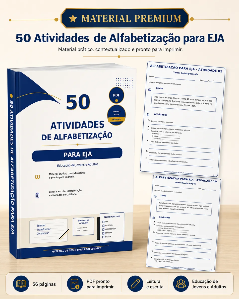 Material Premium com 50 Atividades de Alfabetiza&ccedil;&atilde;o para EJA